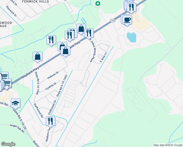 map of restaurants, bars, coffee shops, grocery stores, and more near 3410 Acorn Drop Lane in Johns Island