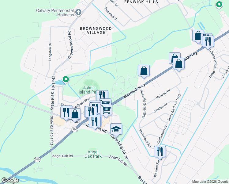 map of restaurants, bars, coffee shops, grocery stores, and more near 3530 Maybank Highway in Johns Island