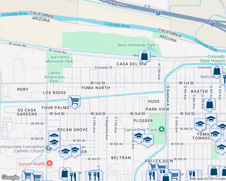 map of restaurants, bars, coffee shops, grocery stores, and more near 195 South 17th Avenue in Yuma