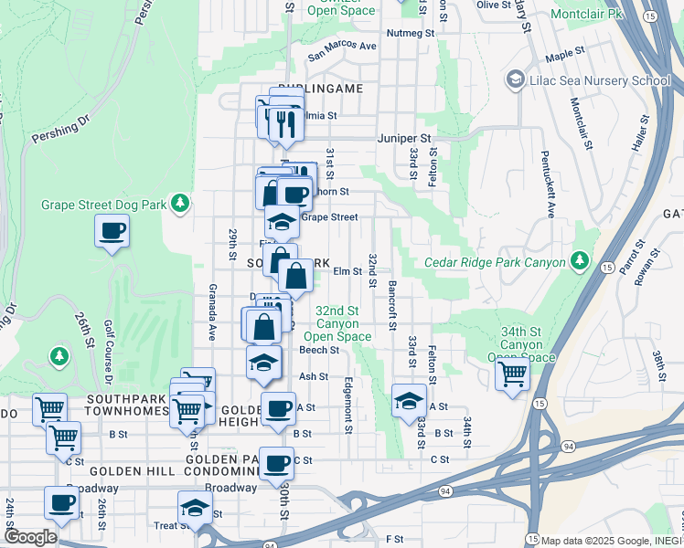 map of restaurants, bars, coffee shops, grocery stores, and more near 1739 31st Street in San Diego