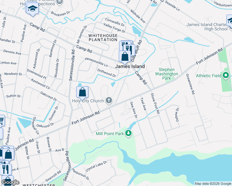 map of restaurants, bars, coffee shops, grocery stores, and more near 1427 Swamp Fox Lane in Charleston