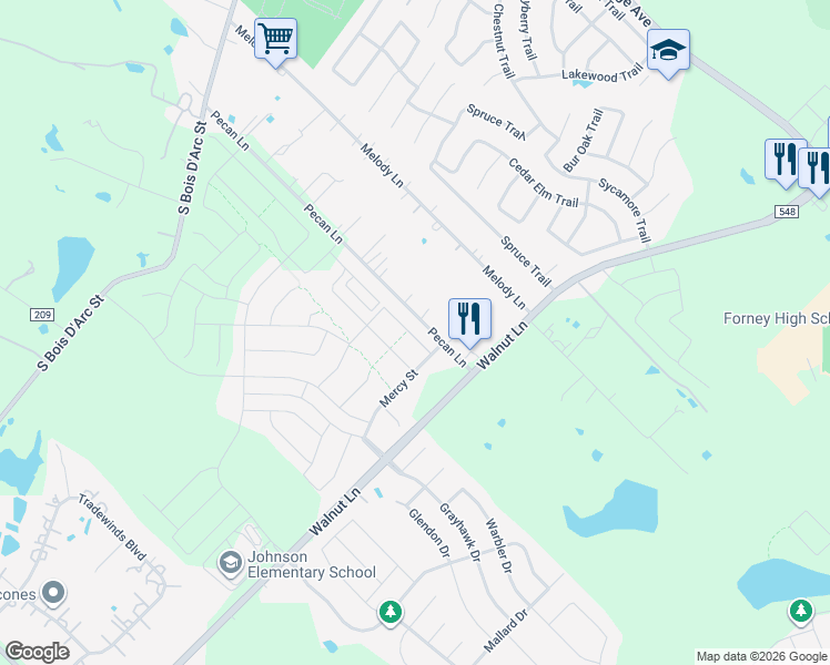 map of restaurants, bars, coffee shops, grocery stores, and more near 845 Carmen Street in Forney