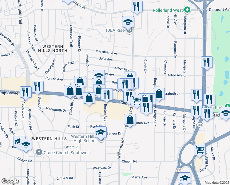 map of restaurants, bars, coffee shops, grocery stores, and more near 8004 Camp Bowie West Boulevard in Fort Worth