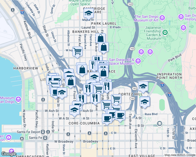 map of restaurants, bars, coffee shops, grocery stores, and more near 410 Elm Street in San Diego