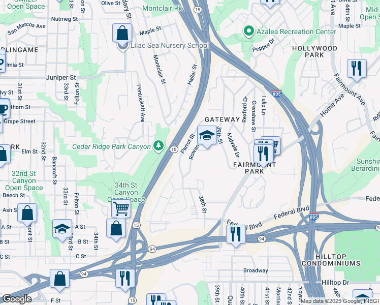 map of restaurants, bars, coffee shops, grocery stores, and more near 1742 Rowan Street in San Diego