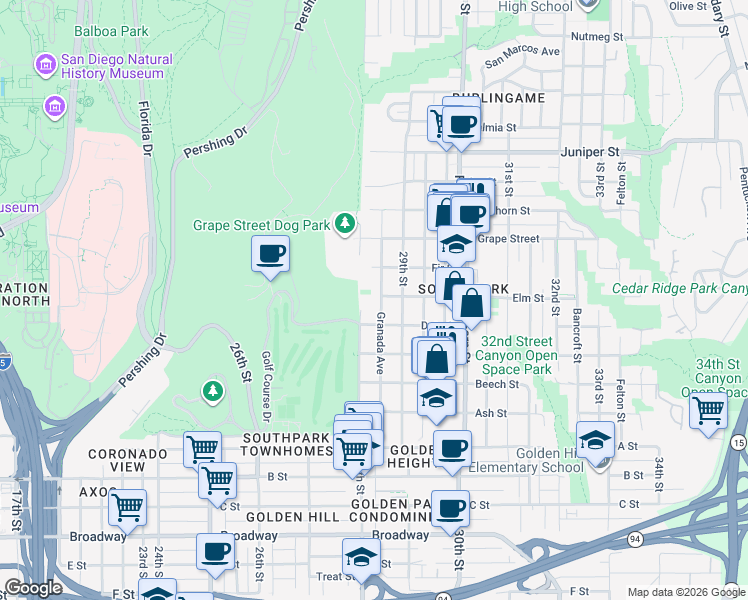 map of restaurants, bars, coffee shops, grocery stores, and more near 1728 Granada Avenue in San Diego
