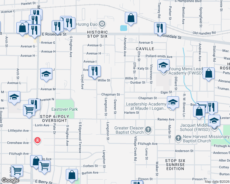map of restaurants, bars, coffee shops, grocery stores, and more near 2001 Danner Street in Fort Worth