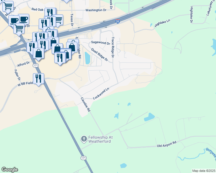 map of restaurants, bars, coffee shops, grocery stores, and more near 369 Lockwood Lane in Weatherford