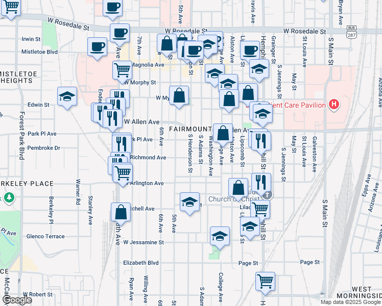 map of restaurants, bars, coffee shops, grocery stores, and more near 1900 South Henderson Street in Fort Worth