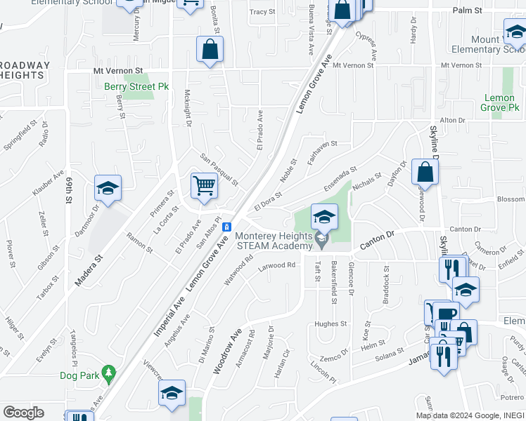 map of restaurants, bars, coffee shops, grocery stores, and more near 1775 Ensenada Street in Lemon Grove
