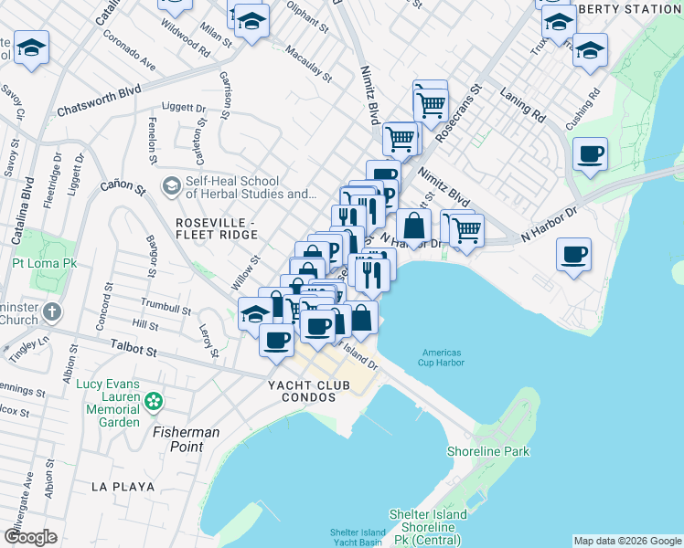 map of restaurants, bars, coffee shops, grocery stores, and more near Rosecrans Street & Emerson Street in San Diego