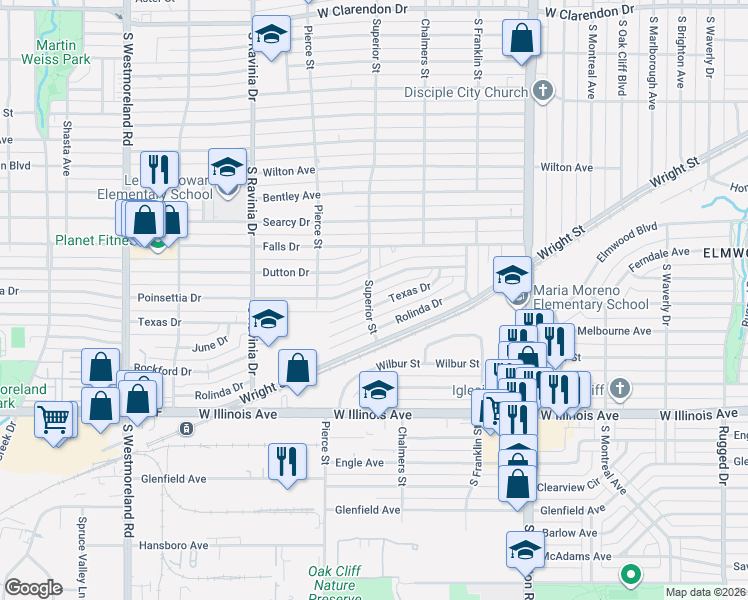 map of restaurants, bars, coffee shops, grocery stores, and more near 2704 Texas Drive in Dallas