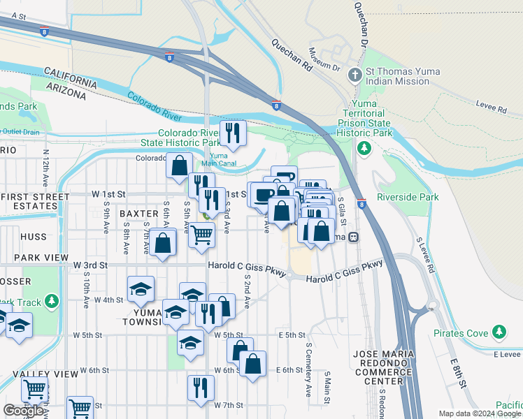 map of restaurants, bars, coffee shops, grocery stores, and more near 111 West 2nd Street in Yuma