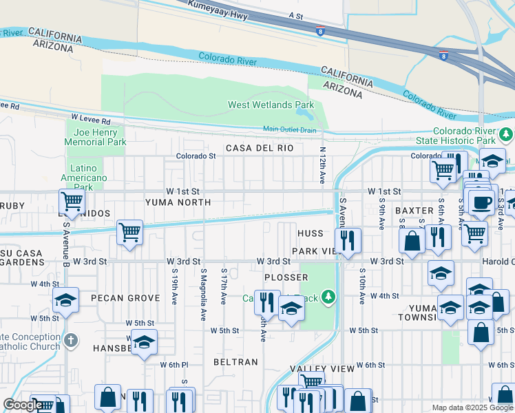 map of restaurants, bars, coffee shops, grocery stores, and more near W Main St in Yuma