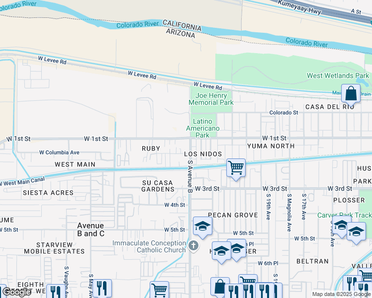 map of restaurants, bars, coffee shops, grocery stores, and more near 2501-2599 West Augusta Drive in Yuma