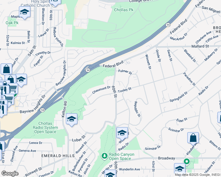 map of restaurants, bars, coffee shops, grocery stores, and more near 5964 Tooley Street in San Diego