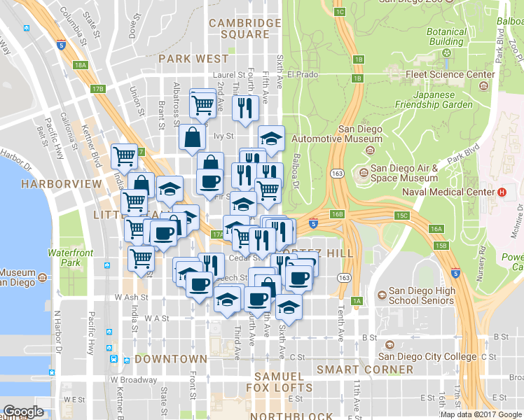 map of restaurants, bars, coffee shops, grocery stores, and more near in San Diego