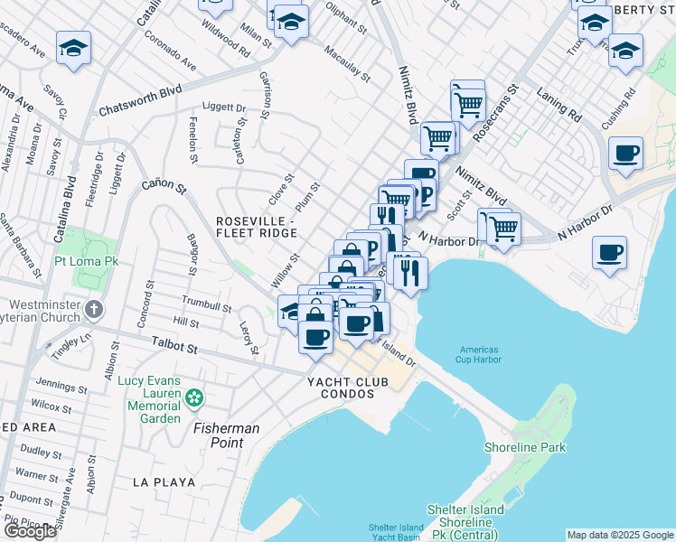 map of restaurants, bars, coffee shops, grocery stores, and more near 1270 Locust Street in San Diego