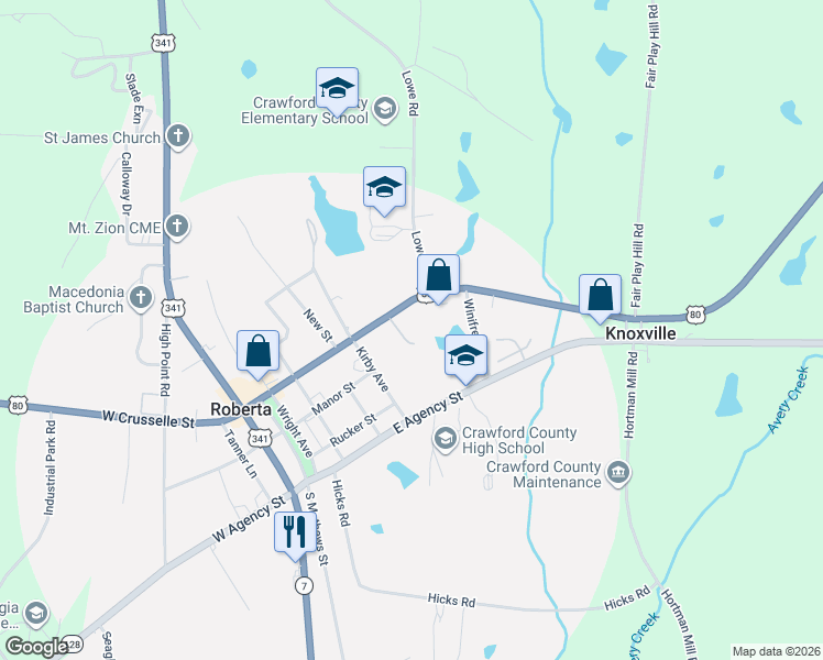 map of restaurants, bars, coffee shops, grocery stores, and more near East Crusse Street in Roberta