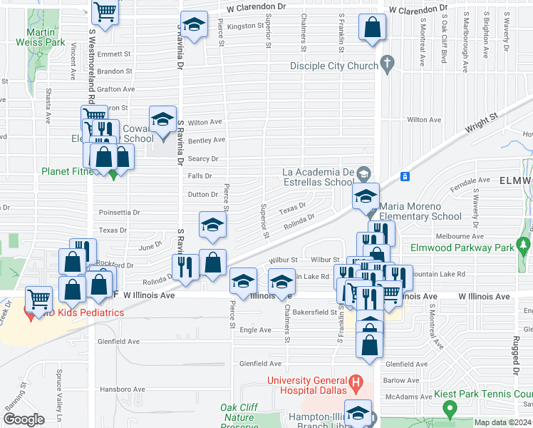 map of restaurants, bars, coffee shops, grocery stores, and more near 2704 Texas Drive in Dallas