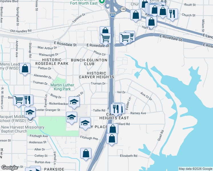map of restaurants, bars, coffee shops, grocery stores, and more near 2208 South Cravens Road in Fort Worth