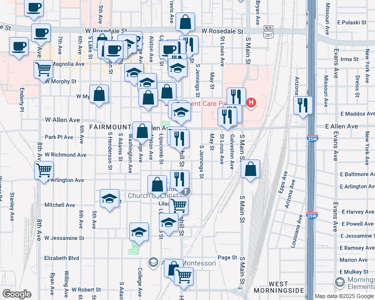 map of restaurants, bars, coffee shops, grocery stores, and more near 506 West Richmond Avenue in Fort Worth