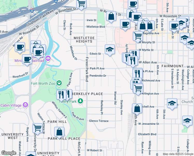 map of restaurants, bars, coffee shops, grocery stores, and more near 1920 Berkeley Place in Fort Worth