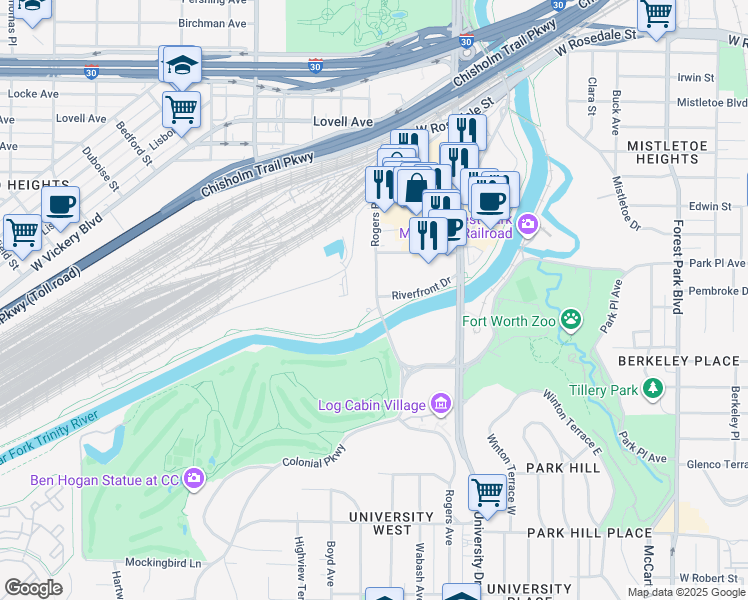 map of restaurants, bars, coffee shops, grocery stores, and more near 1800 Rogers Road in Fort Worth