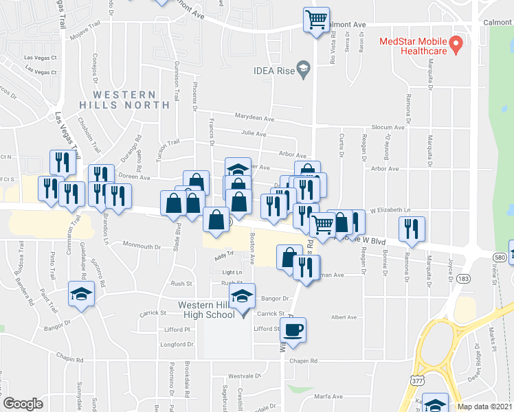map of restaurants, bars, coffee shops, grocery stores, and more near 8048 Camp Bowie West Boulevard in Fort Worth