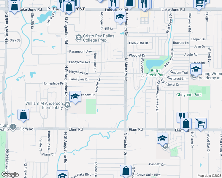 map of restaurants, bars, coffee shops, grocery stores, and more near 10005 Silver Meadow Drive in Dallas