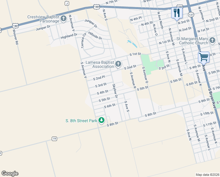 map of restaurants, bars, coffee shops, grocery stores, and more near 2205 South 4th Street in Lamesa