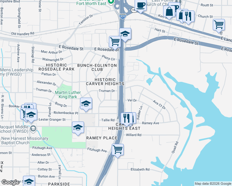 map of restaurants, bars, coffee shops, grocery stores, and more near 2208 South Cravens Road in Fort Worth