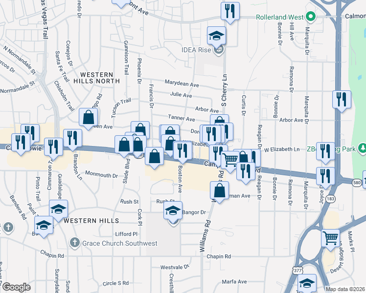 map of restaurants, bars, coffee shops, grocery stores, and more near 8037 West Elizabeth Lane in Fort Worth