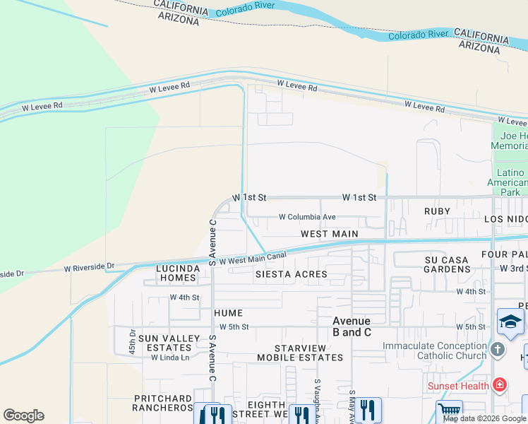 map of restaurants, bars, coffee shops, grocery stores, and more near 3425 West Columbia Avenue in Yuma