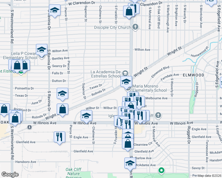 map of restaurants, bars, coffee shops, grocery stores, and more near 2504 Rolinda Drive in Dallas