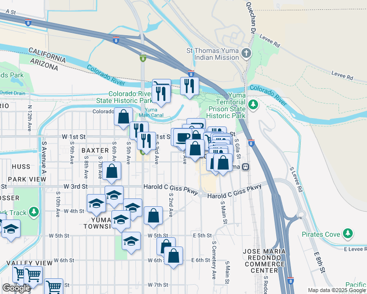 map of restaurants, bars, coffee shops, grocery stores, and more near 146 South 1st Avenue in Yuma