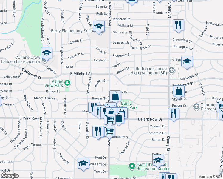 map of restaurants, bars, coffee shops, grocery stores, and more near 1900 Skylark Drive in Arlington