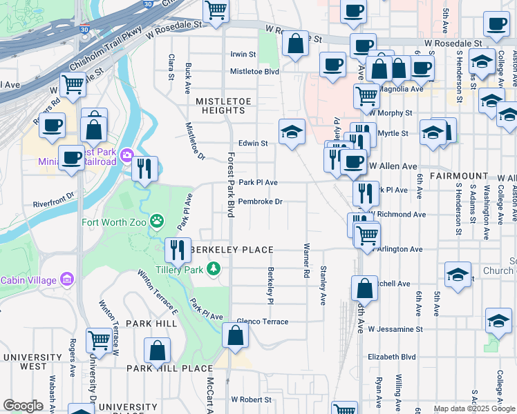 map of restaurants, bars, coffee shops, grocery stores, and more near 1920 Berkeley Place in Fort Worth