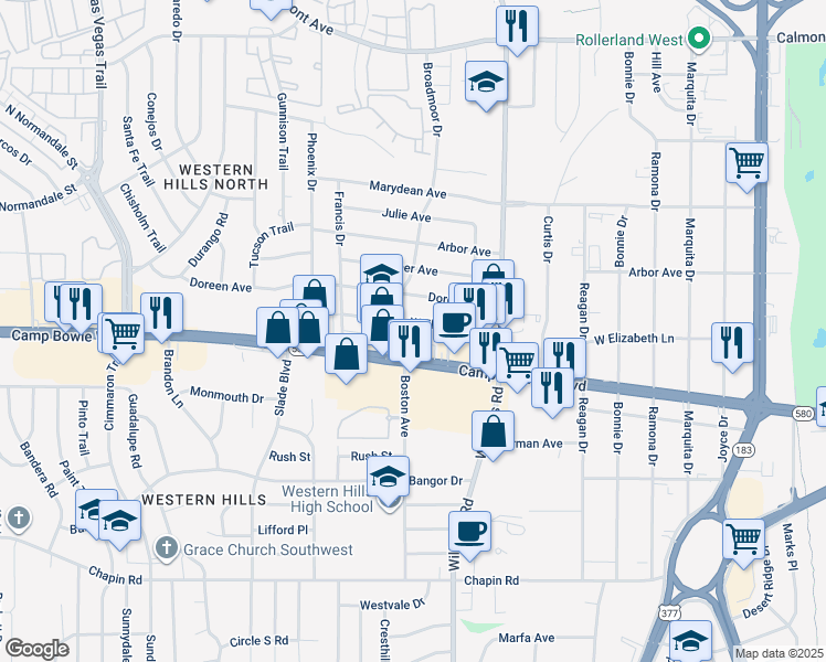 map of restaurants, bars, coffee shops, grocery stores, and more near 8037 West Elizabeth Lane in Fort Worth