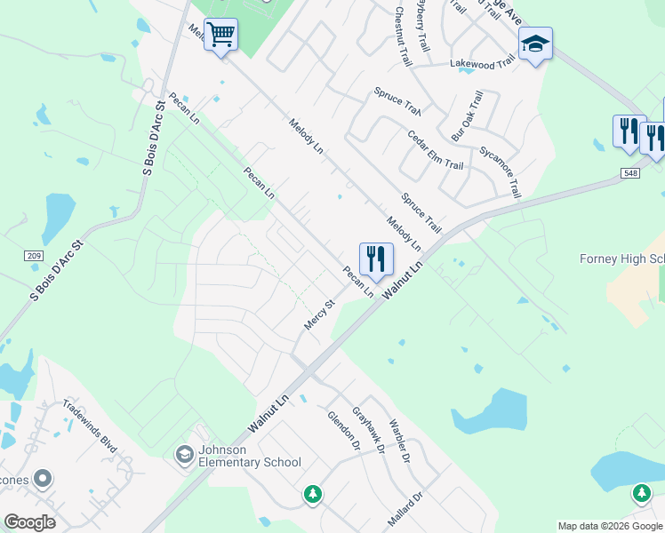map of restaurants, bars, coffee shops, grocery stores, and more near 845 Carmen Street in Forney