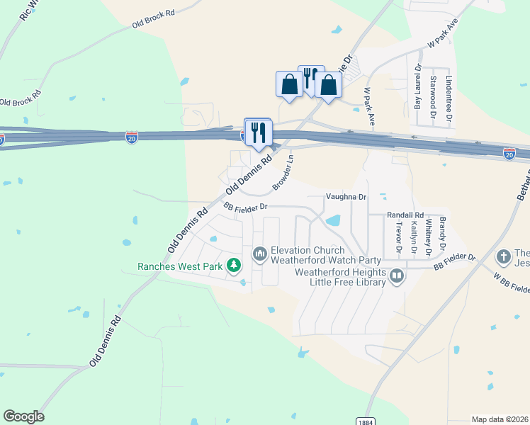 map of restaurants, bars, coffee shops, grocery stores, and more near 1201 Glen Court in Weatherford