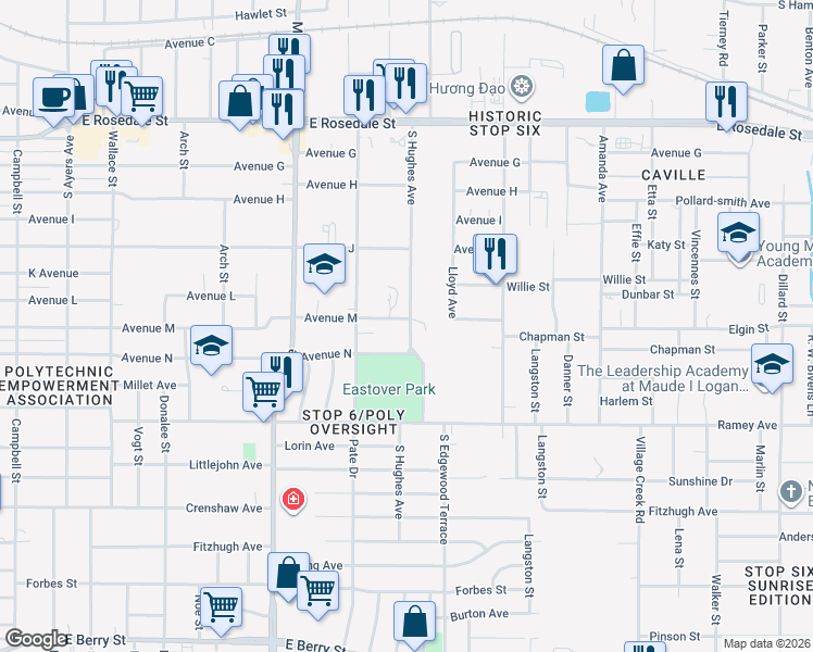 map of restaurants, bars, coffee shops, grocery stores, and more near 2009 South Hughes Avenue in Fort Worth