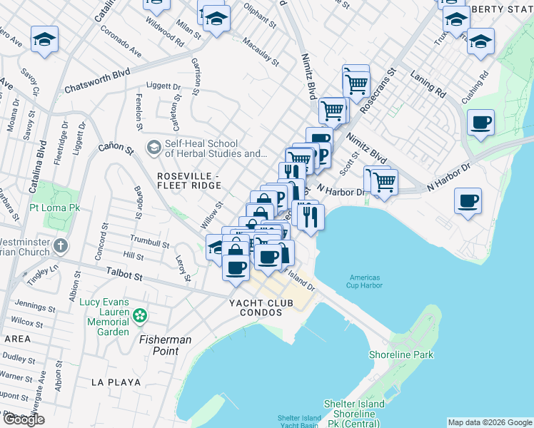 map of restaurants, bars, coffee shops, grocery stores, and more near 1270 Locust Street in San Diego
