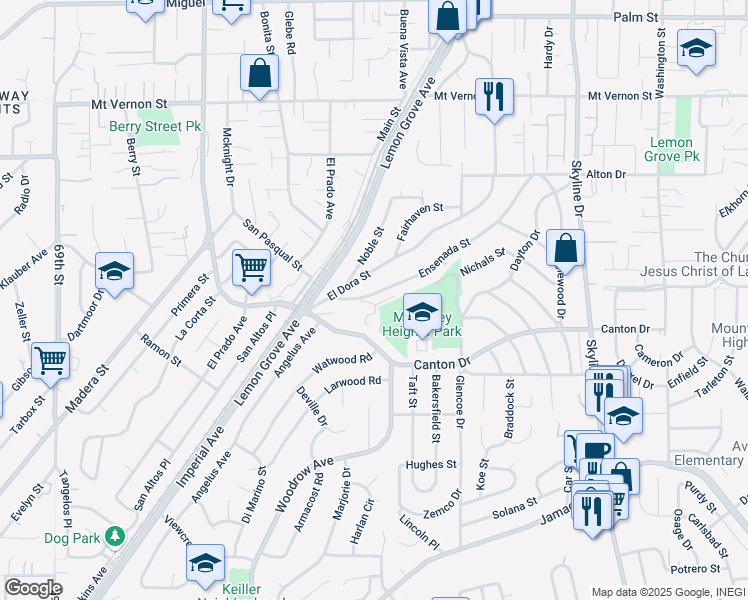 map of restaurants, bars, coffee shops, grocery stores, and more near 1852 Bakersfield Street in Lemon Grove