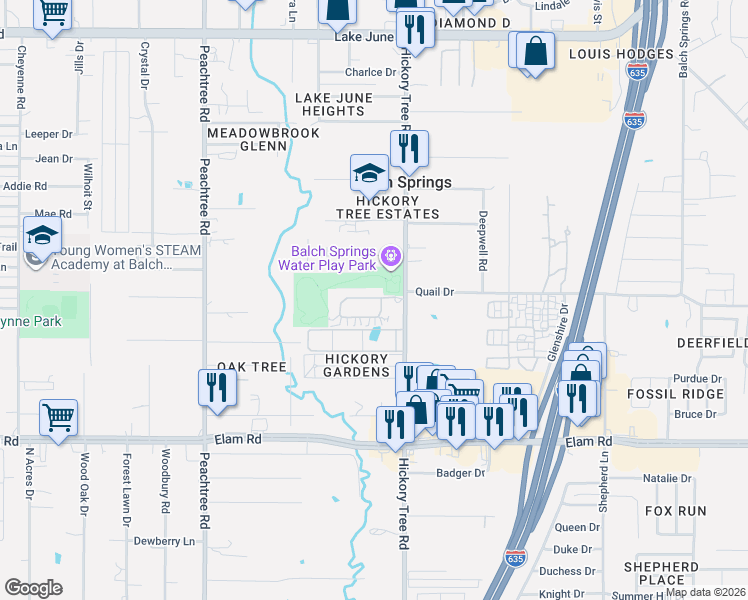 map of restaurants, bars, coffee shops, grocery stores, and more near 3211 Hickory Tree Road in Balch Springs