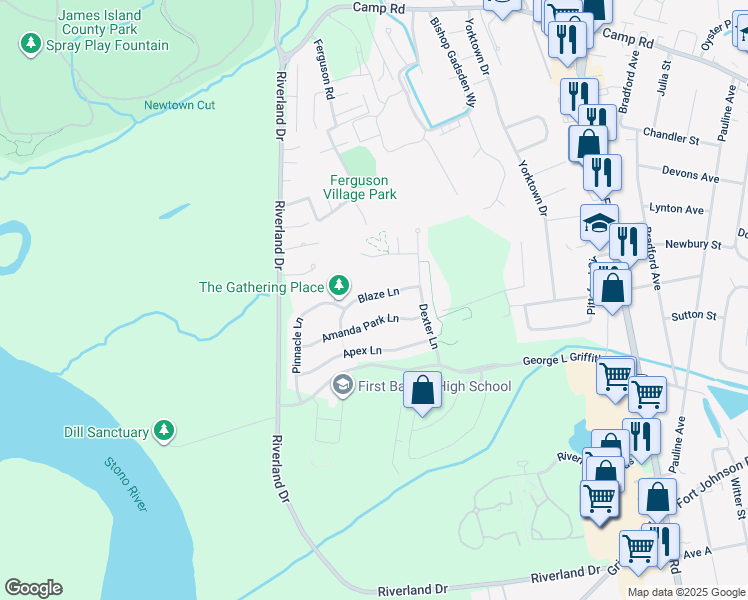 map of restaurants, bars, coffee shops, grocery stores, and more near 1452 Amanda Park Lane in Charleston
