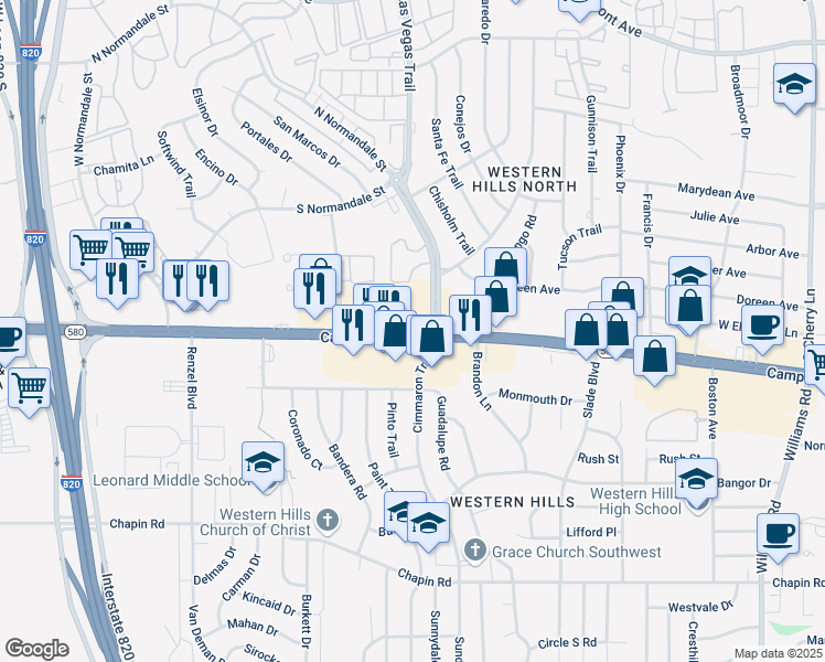 map of restaurants, bars, coffee shops, grocery stores, and more near 8725 Camp Bowie West Boulevard in Fort Worth