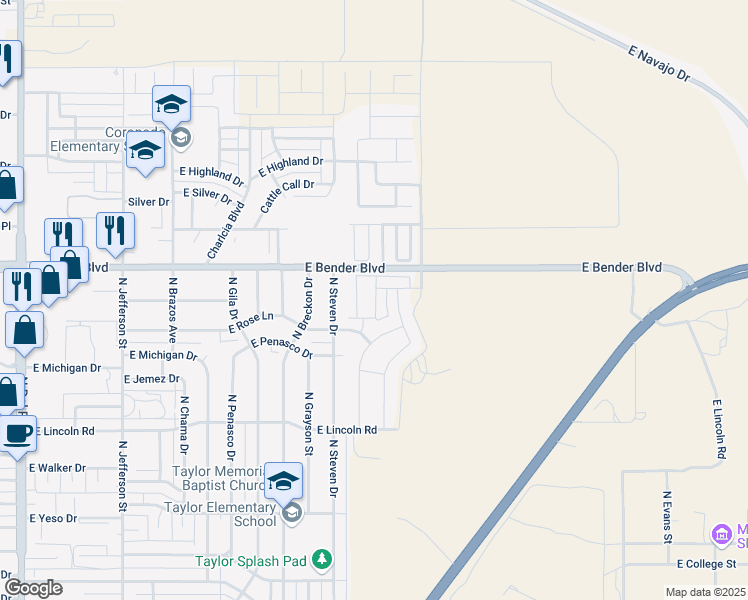 map of restaurants, bars, coffee shops, grocery stores, and more near 2106 North Steven Drive in Hobbs
