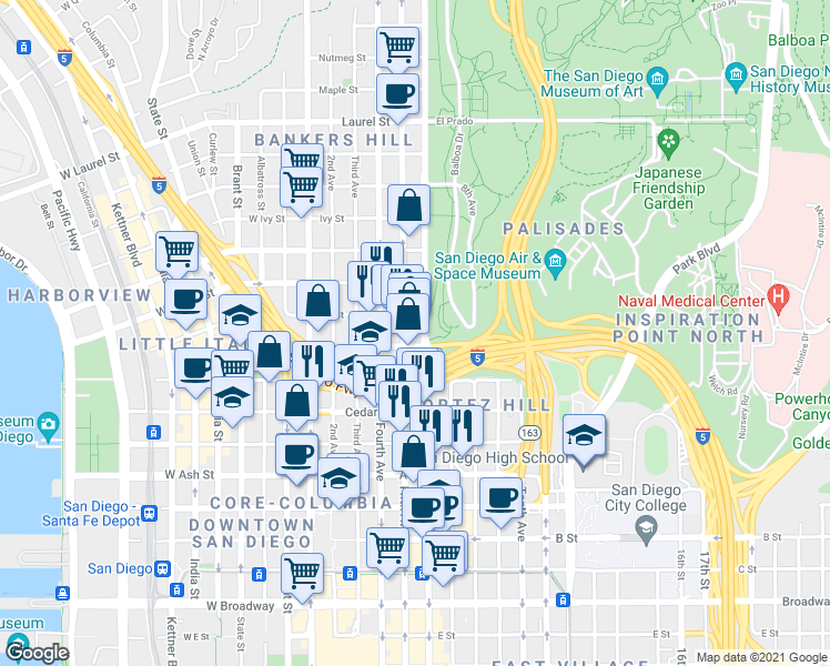 map of restaurants, bars, coffee shops, grocery stores, and more near 1760 Fifth Avenue in San Diego