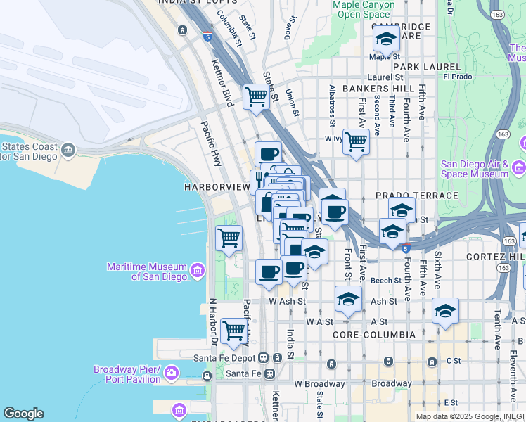 map of restaurants, bars, coffee shops, grocery stores, and more near 1774 Kettner Boulevard in San Diego